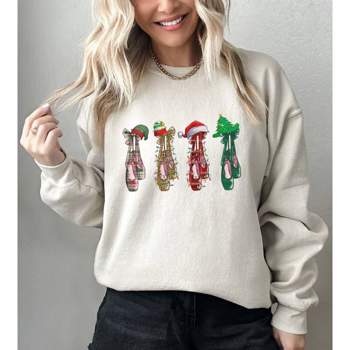NVC Ecommerce LLC - Wholesale Graphic Sweatshirt - Women's - Retro Christmas Ballet Shoes Sweatshirt, Ballerina Christmas1