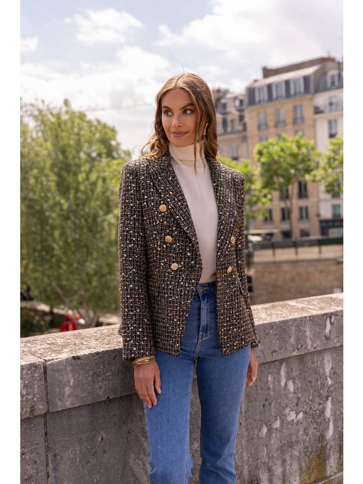 Attentif Paris – wholesale Blazer – Women's – Black shiny sequin tweed double-breasted blazer jacket