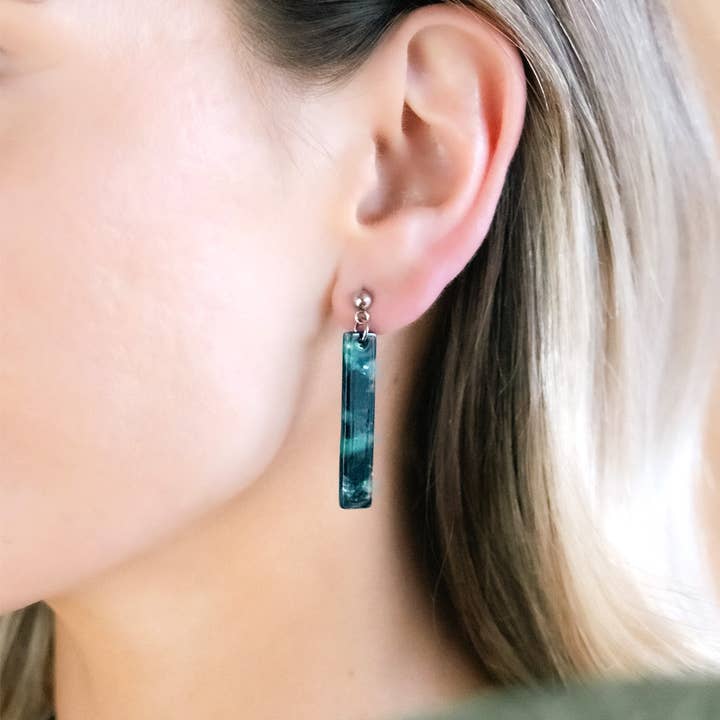 Dark Green Tortoiseshell Small Strip Dangle Earrings for wholesale by Amber & Orange
