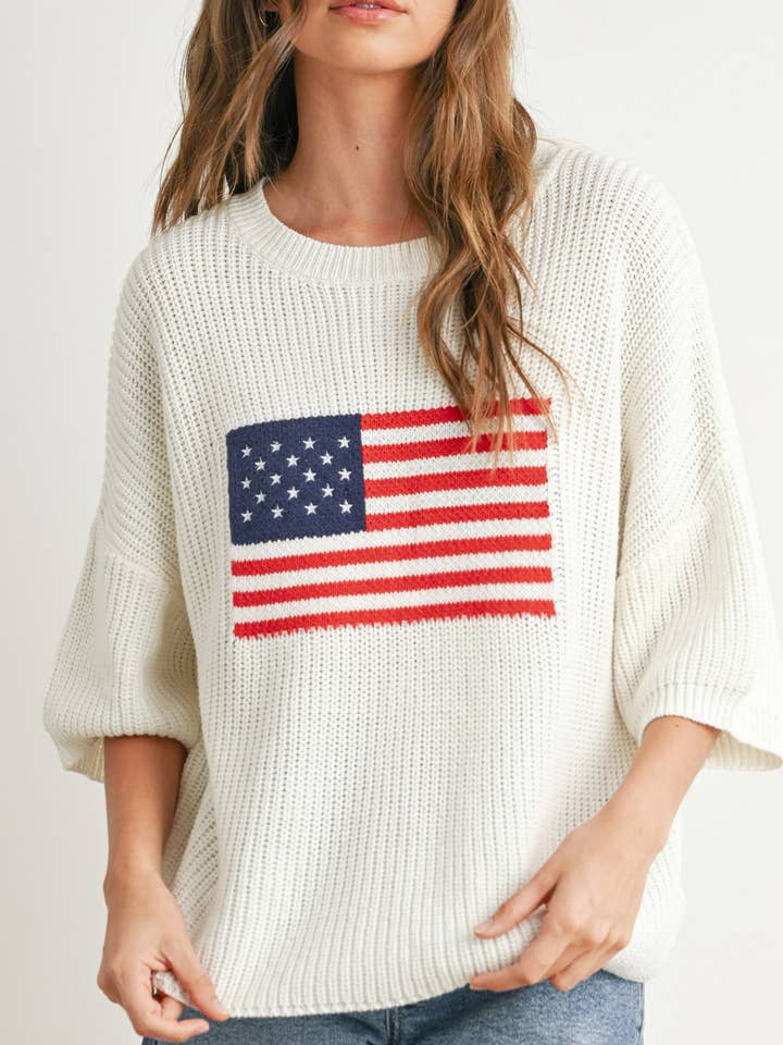 BUTTERMELON - Wholesale Knit Sweater - Women's - Flag Print Knit Sweater - BMW7691