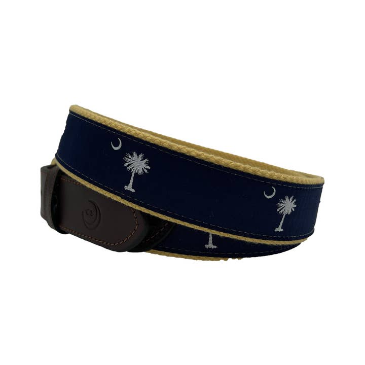 Charleston Belt - Wholesale Belt - Unisex - Navy on Khaki - South Carolina Crescent Moon Palmetto Belt