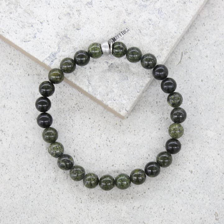 Pulsera elástica de piedra verde del ejército y buey plata para venta al por mayor de Mr. Ettika