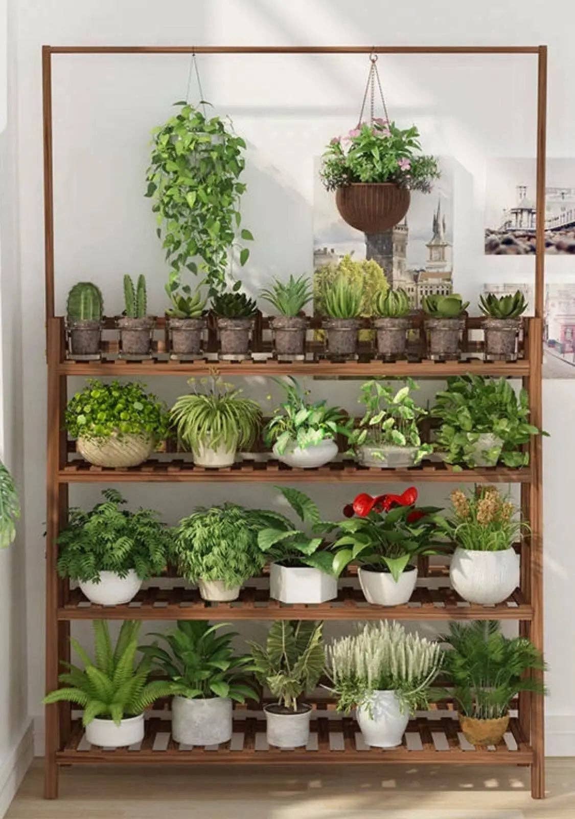 everythingbamboo - Vente Supports de plantes - Étagère porte-plante en pin massif avec barre suspendue, décor jardin intérieur et extérieur25