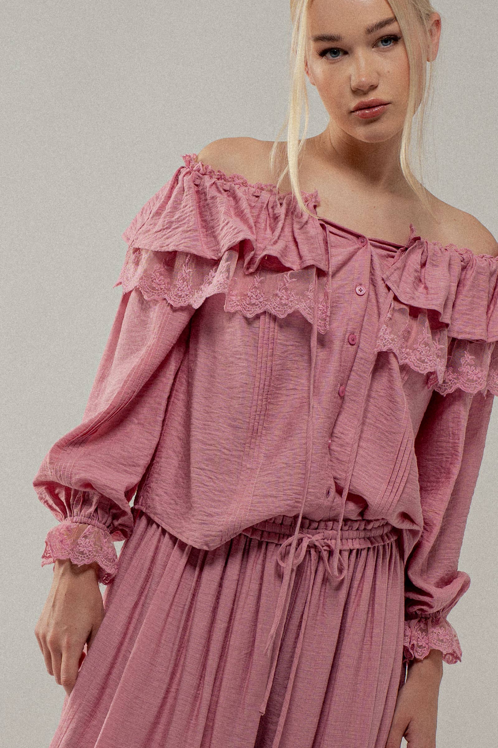 Urban Daizy - Wholesale Blouse - Women's - Lace Trim Ruffle Tie Neck Spring Blouse Top17