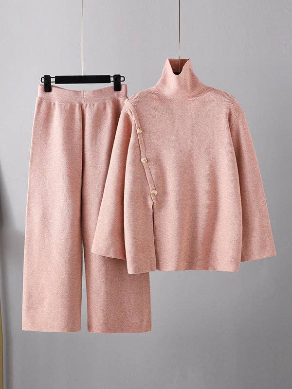 ShieldChic - Vendita all'ingrosso Completo top e pantaloni (NON loungewear) - Donna - Set Due Pezzi: Maglione a Collo Alto con Spacco Anteriore e Bottoni Sciolti in Colore Solido & Pantaloni a Gamba Larga Urbani1