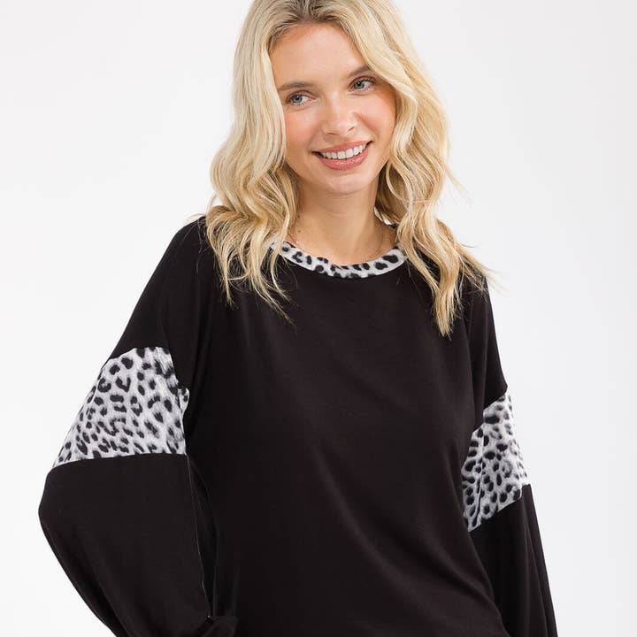 2727- Solid & animal print blocked long-sleeve knit top for wholesale by IWT Brands