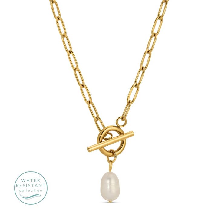Toggle Water Resistant Paperclip Necklace with Pearl for wholesale by Splendid Iris