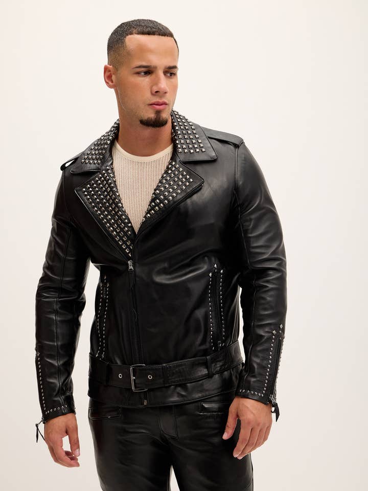 Men's Studded Lambskin Leather Jacket - Black Falcon for wholesale on Faire1