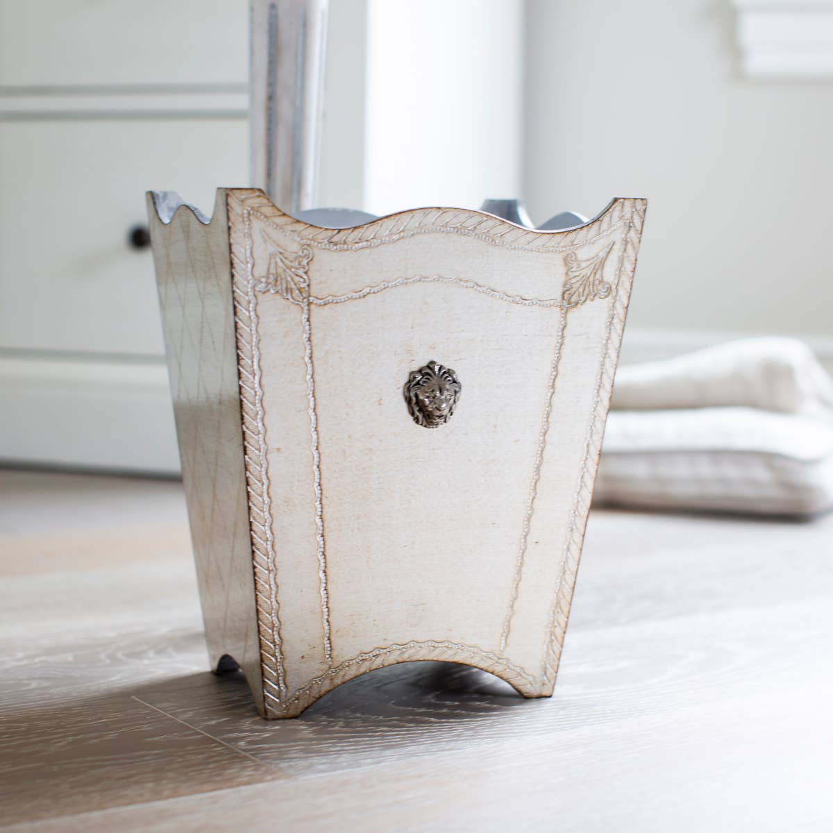 Antique Silver Florentino Leone Wooden Wastebasket for wholesale on Faire1