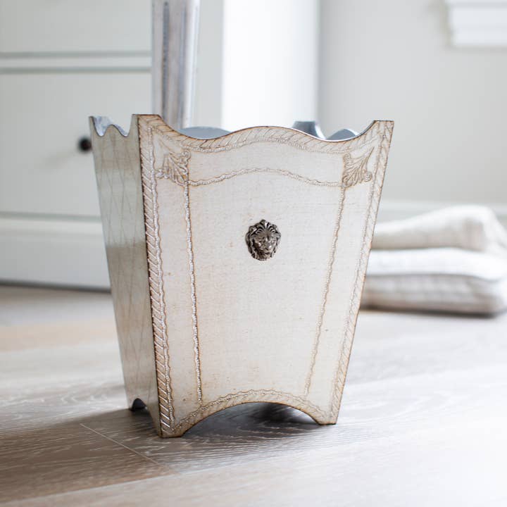 Antique Silver Florentino Leone Wooden Wastebasket for wholesale on Faire1