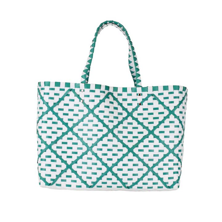 The Royal Standard - Wholesale Beach Bag - Tracey Woven Tote Emerald/White 17x14x5