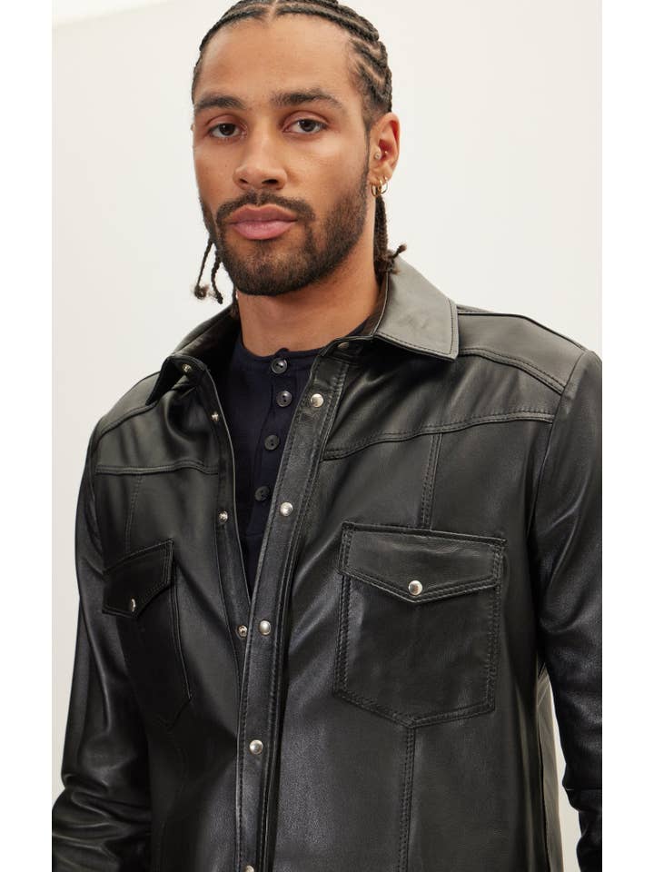 Men's Genuine Lambskin Leather Shirt - Black for wholesale on Faire11
