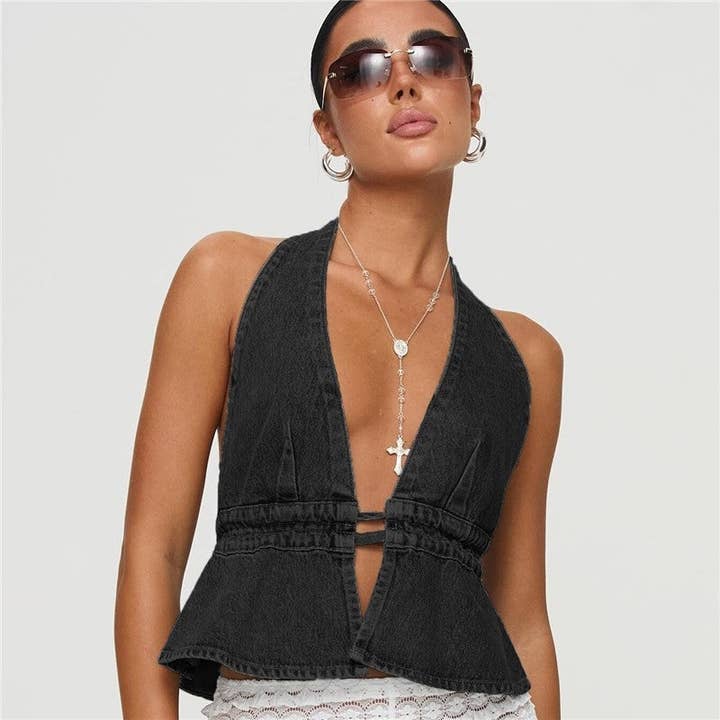 Plush Looks - Wholesale Blouse - Women's - Denim Sleeveless Backless Halter Tie Top