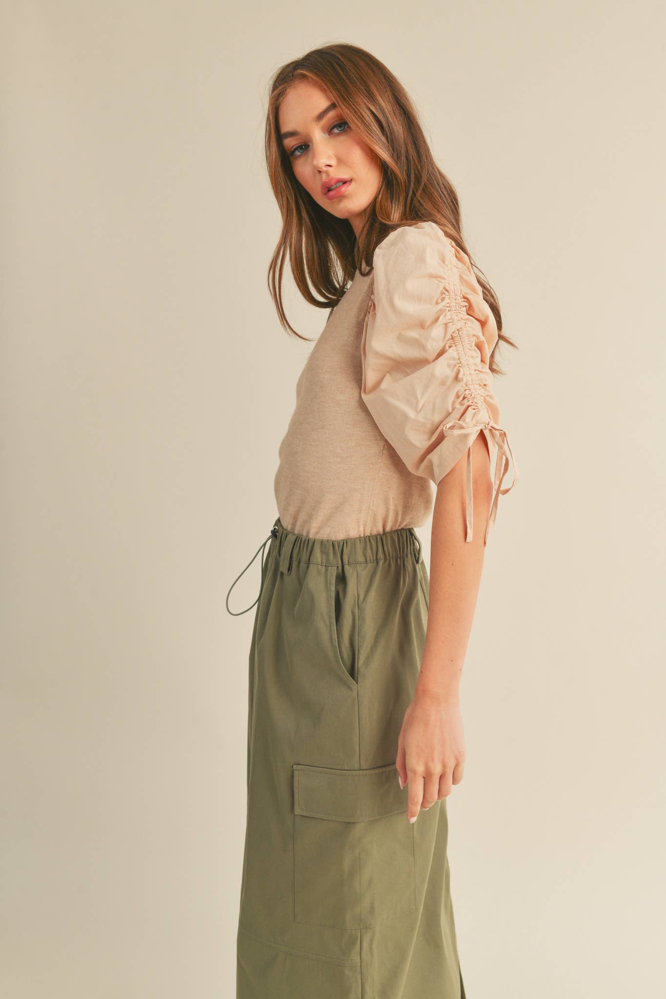 &MERCI - Wholesale Knit Top - Women's - RUCHED SLEEVE MIXED MEDIA TOP MSW24648