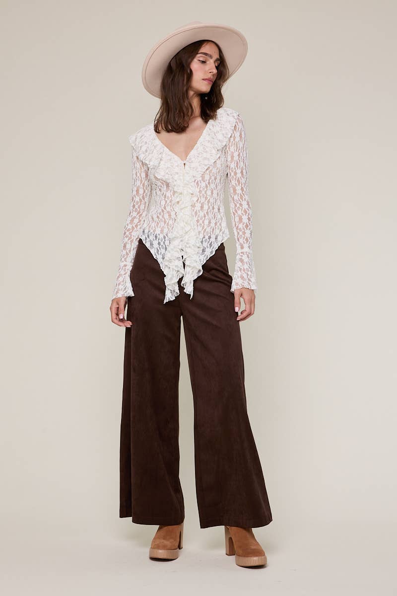 Sky to Moon - Vente Pantalon – femme - PANTALON ÉVASÉ LONG UNI EN DAIM À TAILLE MI-HAUTE8