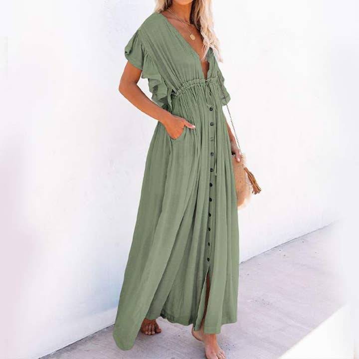 Fashion Combination - Wholesale Dress - Women's - Boho Button-Front Flowy Maxi Dress5
