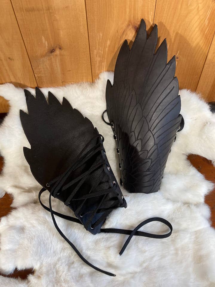 Raven Wing Leather Leg Armor Greaves/Shin Guards for wholesale by Frost & Ember Creations, LLC