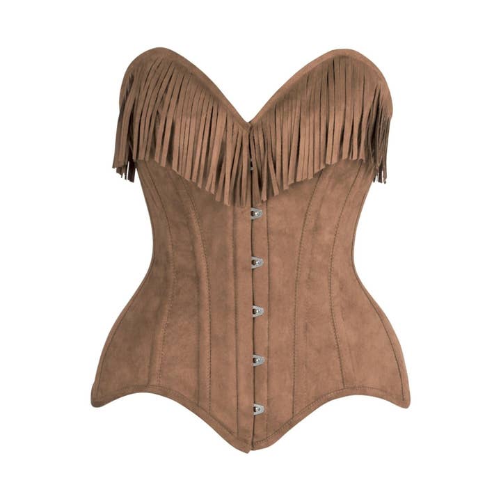 Top Drawer Tan Suede Steel Boned Overbust Corset w/Fringe for wholesale by Daisy Corsets