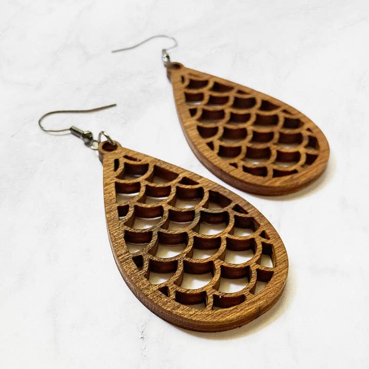 Scalloped Wood Teardrop Earrings for wholesale by Simply Living Shop