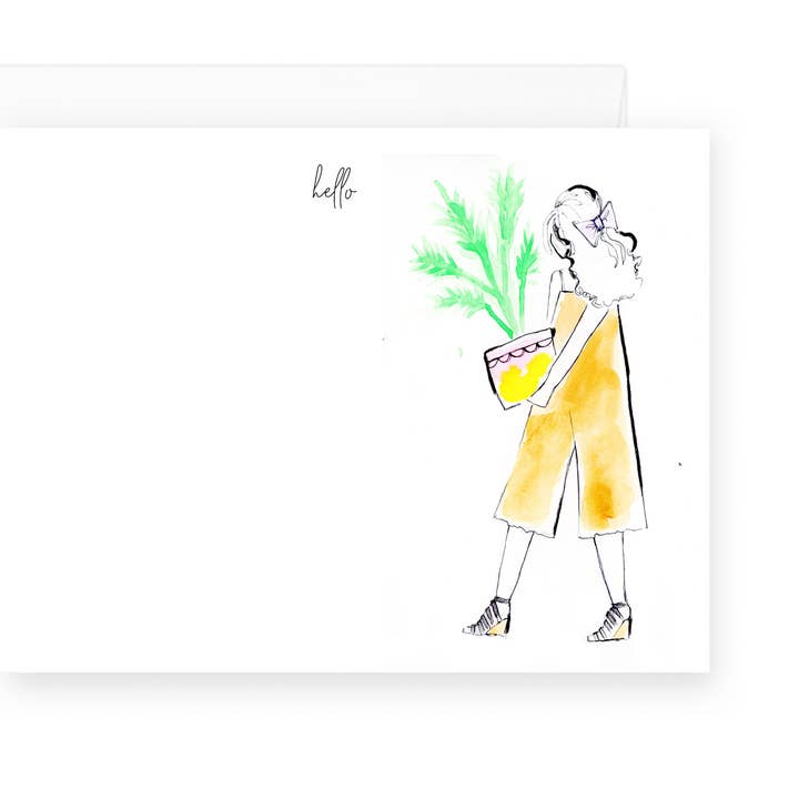 hi. there. hello Plant Lady Flat Note Card Stationery Set for wholesale by Lacee Swan