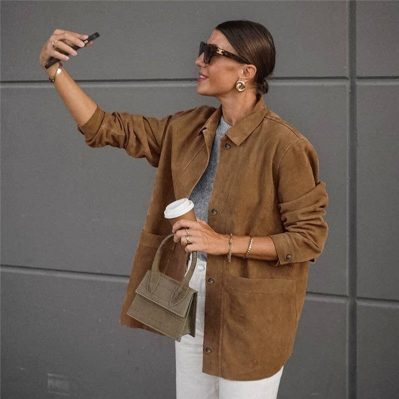 Marrone Giacca di pelle scamosciata marrone con colletto ampio in vendita all'ingrosso su Faire1