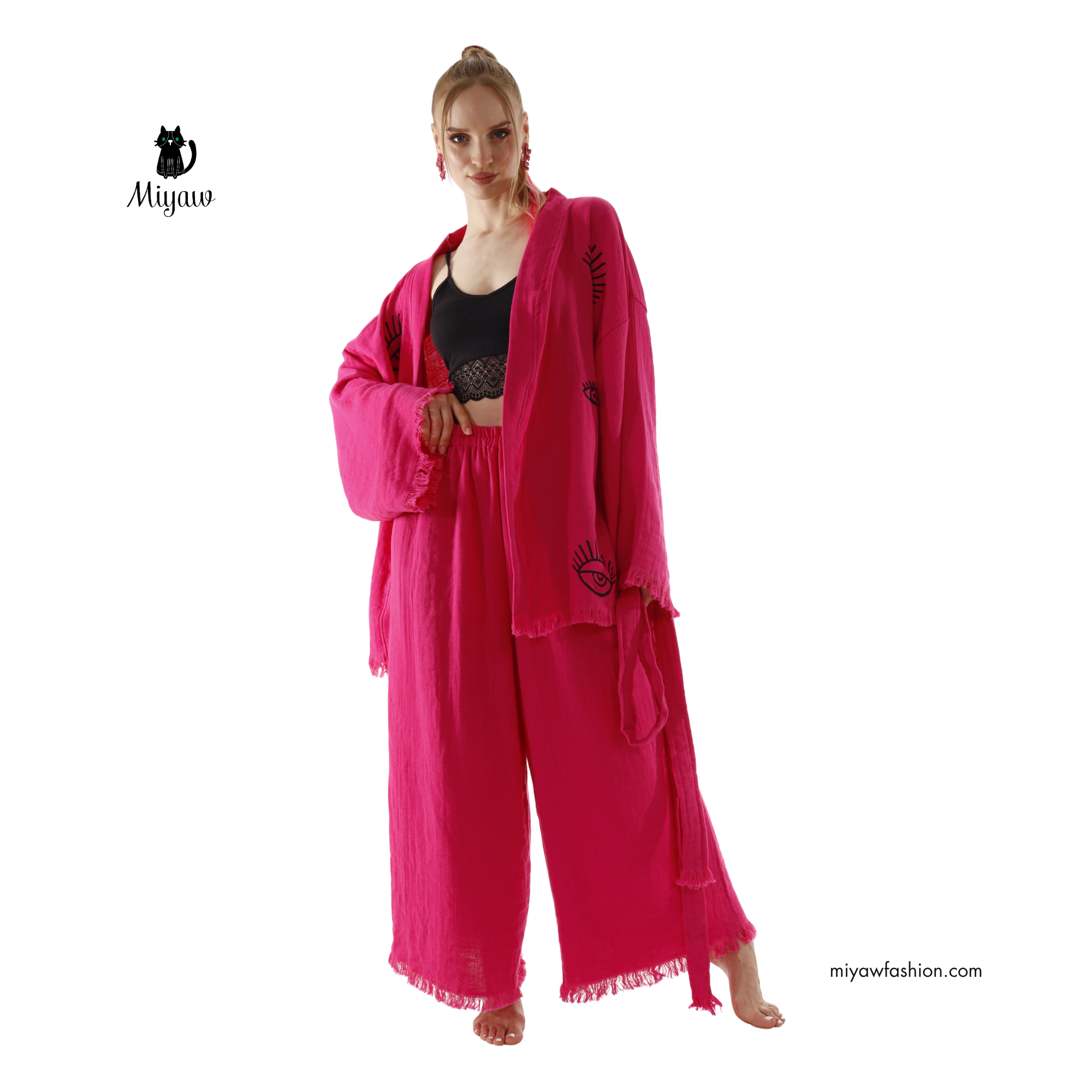 Fuchsia Bomuldspyjamasæt, lyserøde pyjamasæt, bomuldsloungesæt for engroshandel på Faire5