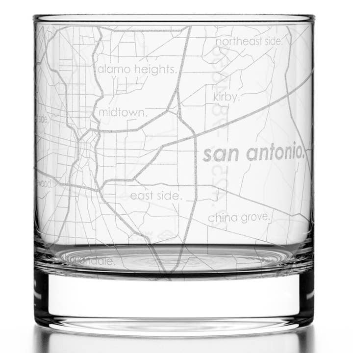 San Antonio, TX City Map - Etched Whiskey Rocks Glass for wholesale by Well Told