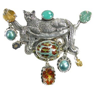 Meerkleurige Edelsteen Luipaard op Boom Sterling Zilveren Speld Hanger voor wholesale door Amy Kahn Russell