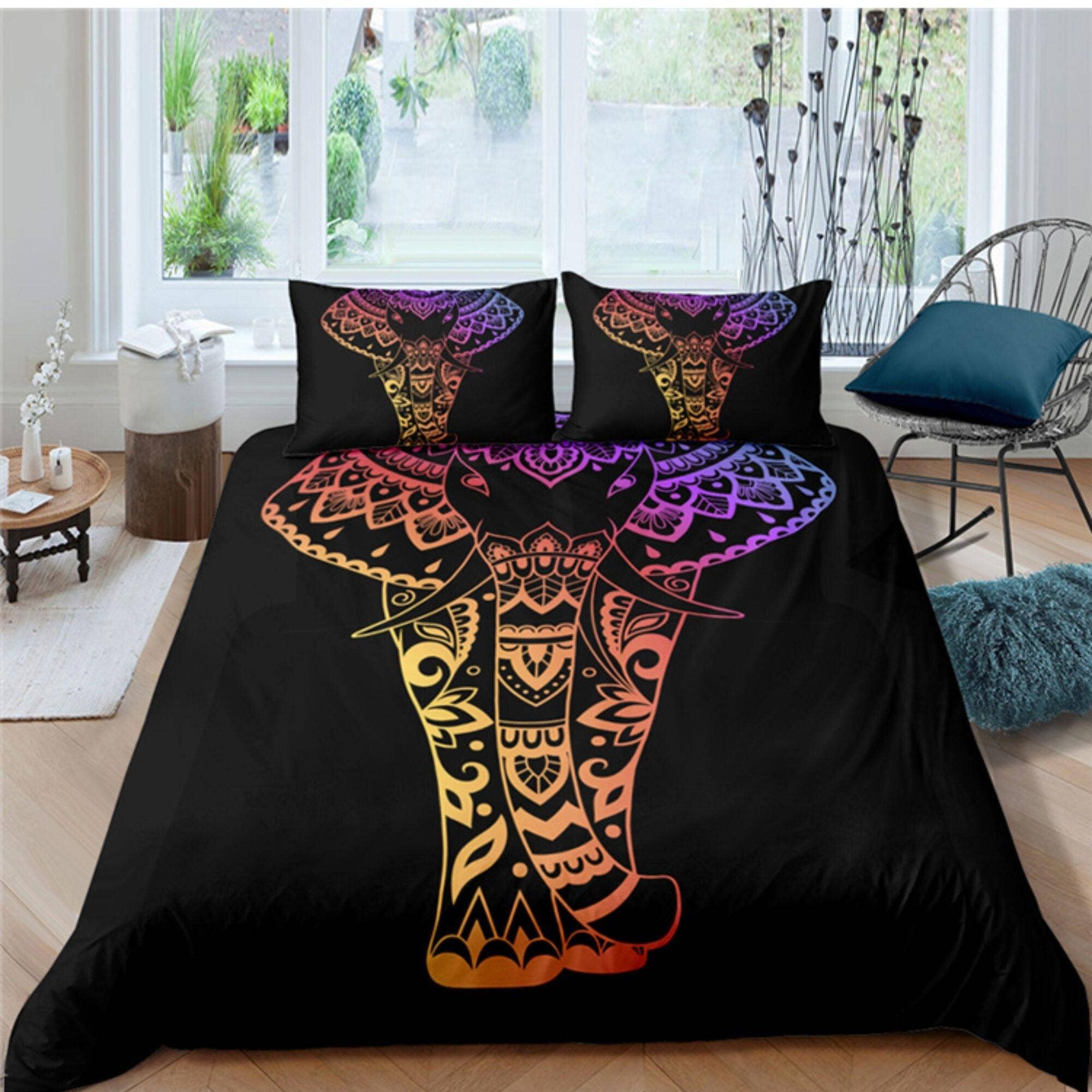 daintyduvet – wholesale Bedding set – Elephant Black Duvet Cover Set Boho Bedspread, Bohemian Dorm Bedding & Pillowcase0
