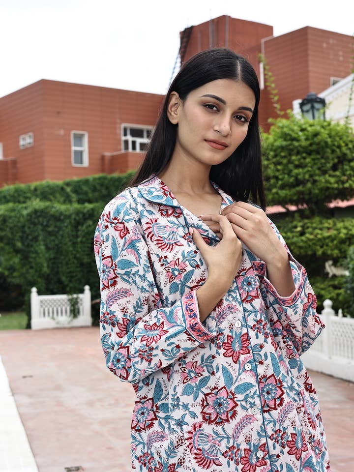 Women's Block Printed Pajamas- 3 Piece Set for wholesale by The Fox and The Mermaid