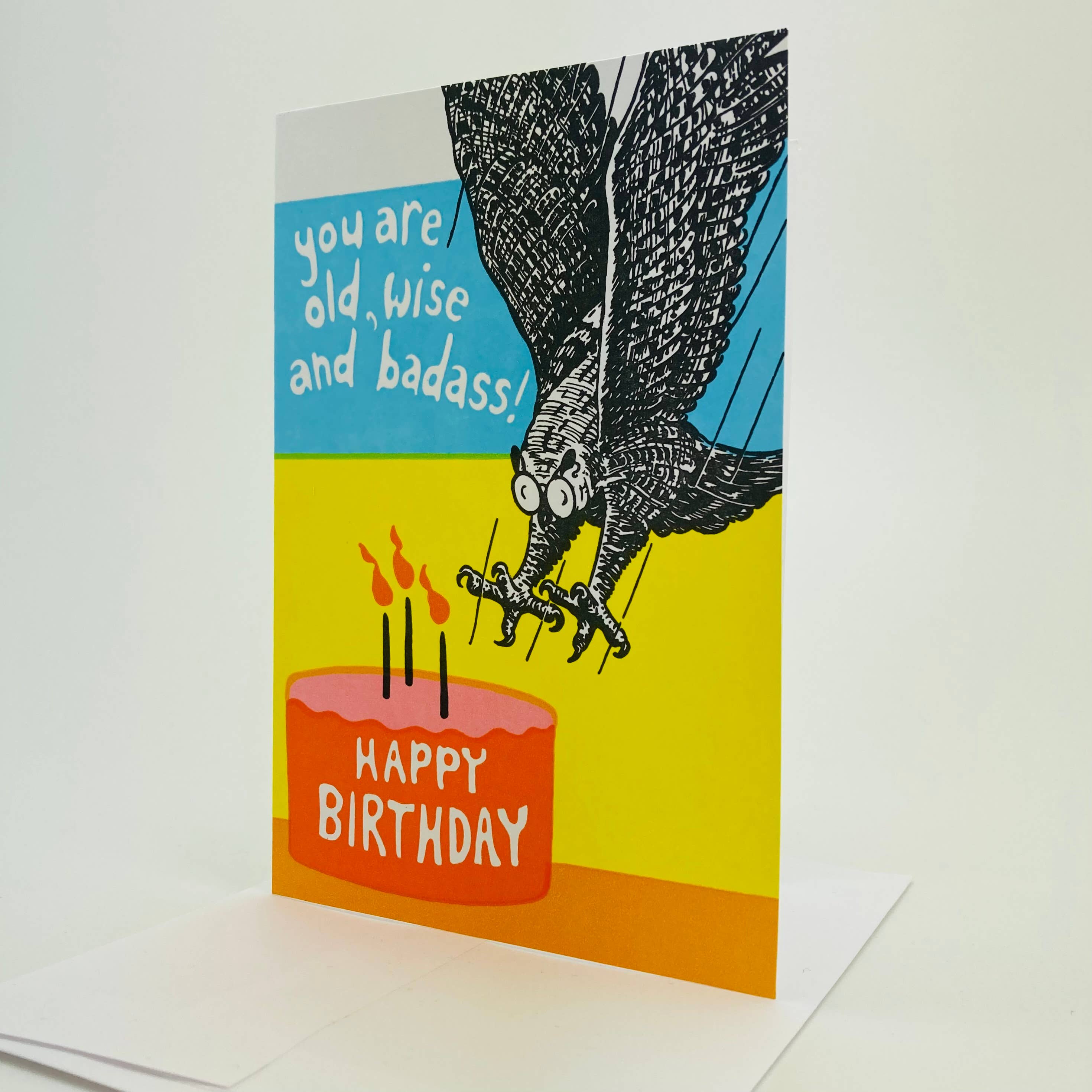 Old School Stationers - Wholesale Birthday Card - Birthday wishes. Wise old owl & birthday cake.1