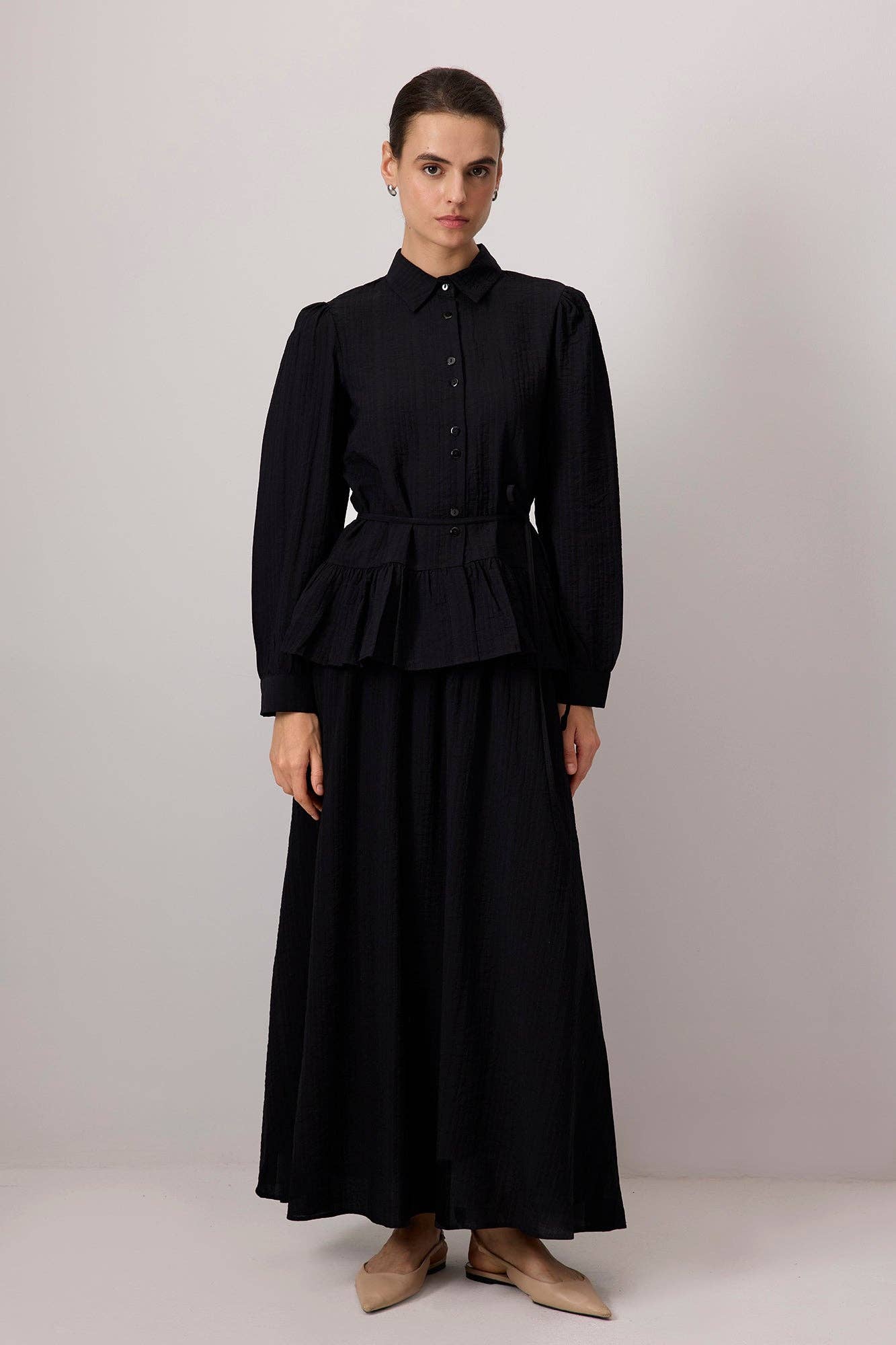 Black FLOUNCED SHIRT AND SKIRT SET for wholesale on Faire0