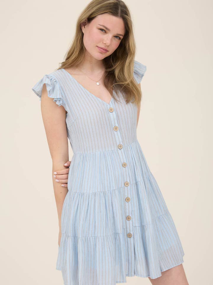 Blu Pepper - Wholesale Dress - Women's - STRIPE V NECK BUTTON DOWN TIERED MINI DRESS