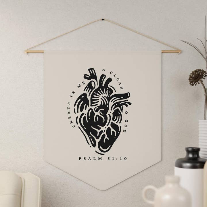 Skab i mig et rent hjerte vægfanen, Salme 51:10 for engroshandel hos Seeds of Truth Designs