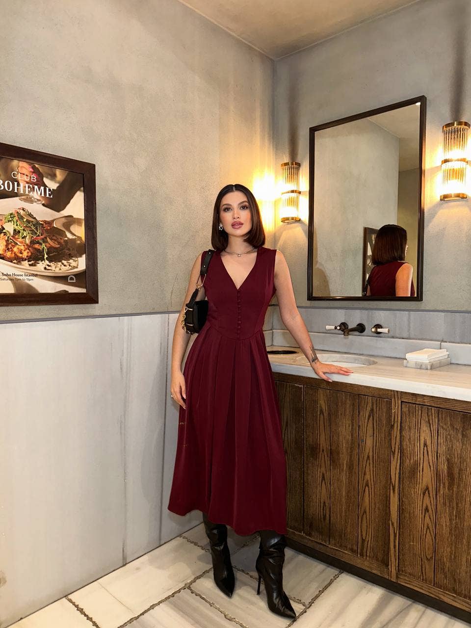 Standpoint Top - Wholesale Dress - Women's - The Bordeaux V-Neck Midi Dress – Vintage Allure – 11623