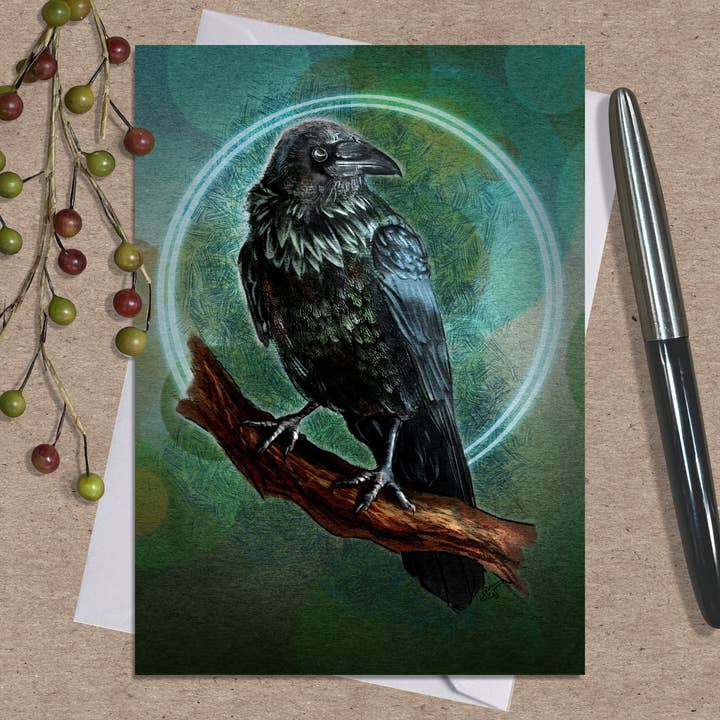 Raven in Green Greeting Card, 5x7" w/Envelope for wholesale by Coreyartus Imagery