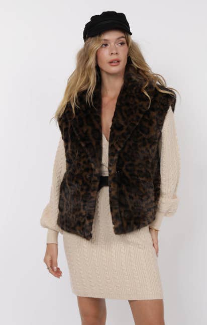 Sage The Label - Vente Pull sans manches – femme - Gilet surdimensionné en fausse fourrure léopard Waverly : MARRON NOIR15