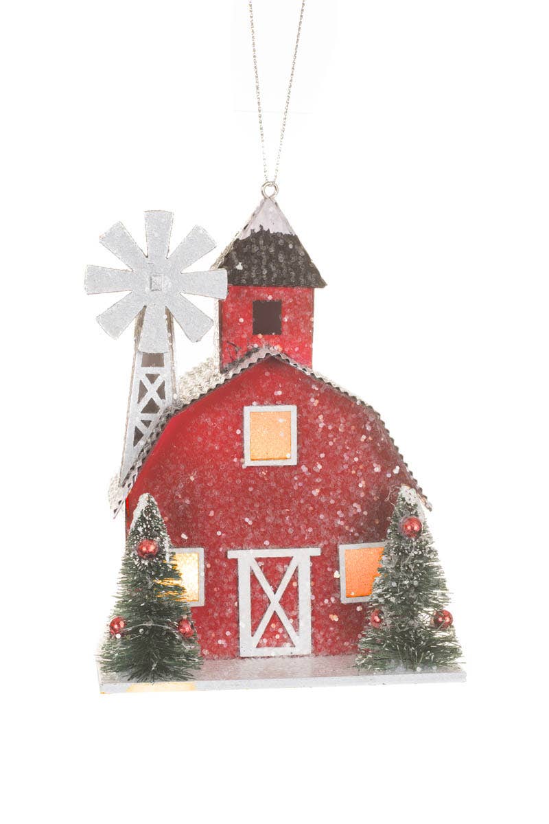 Starlight Collection - Wholesale Ornament - NEW-Red/White Led Gambrel Roof Barn Ornament2