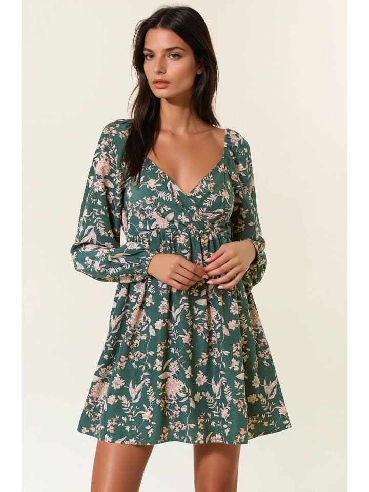 DK FOREST FLORAL PRINT LONG SLEEVE MINI DRESS - 27834D for wholesale on Faire