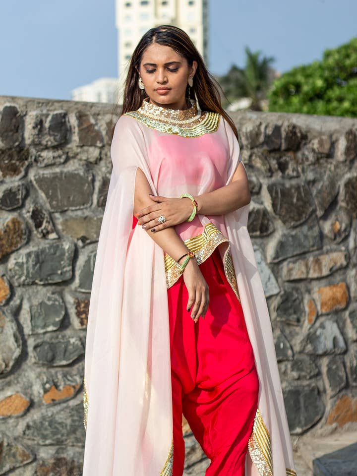 Pink Crape Dhoti Set With Cape for wholesale by Mehr by Pretty