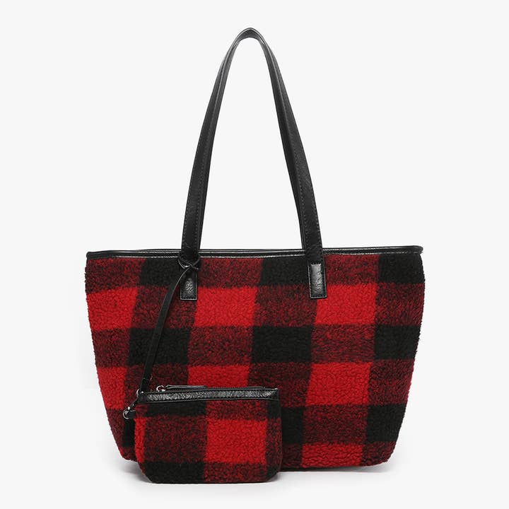 Jen & Co. - Wholesale Tote Bag - Women's - M2179SHP Goldie Sherpa Plaid Tote w/ Pouch