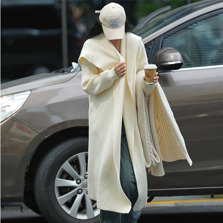 Thick Loose Solid Color Long Cardigan Sweater With Drawstring for wholesale by UZ Wholesale Store