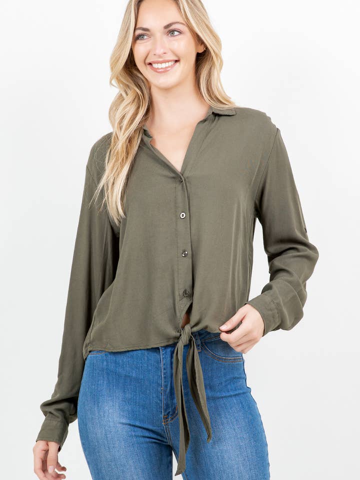 Langarm-Rayon-Top mit Knoten vorne für den Großhandel von Veracci