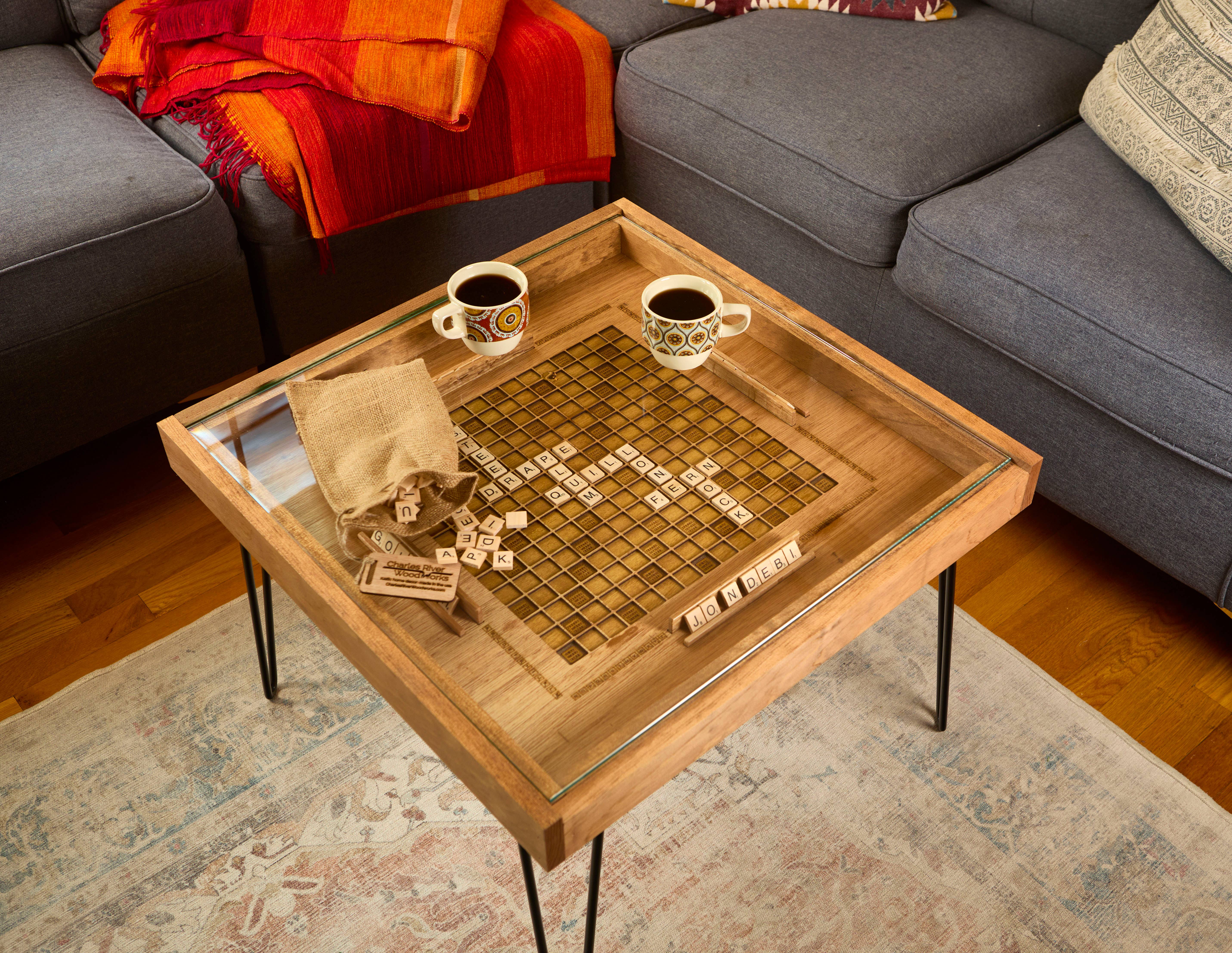 Charles River Woodworks - Wholesale Coffee Table - Rustic Scrabble Coffee Table with removable top - letter tiles included8