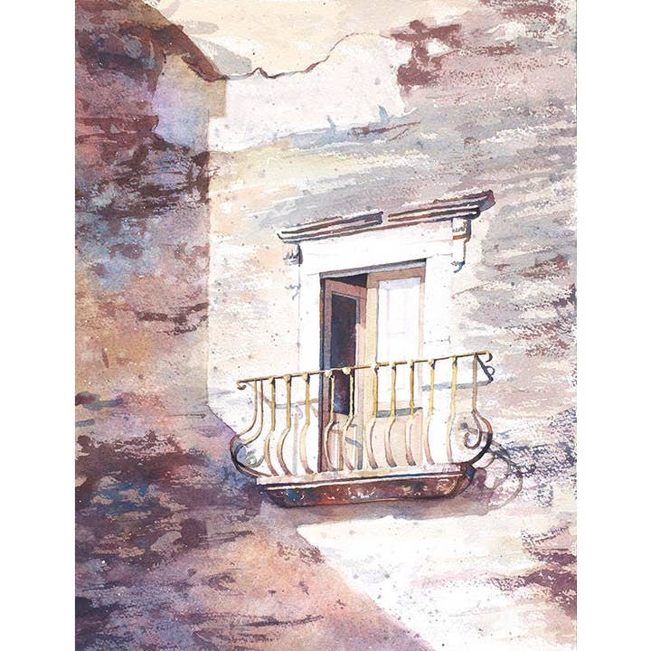 Peinture de la porte extérieure et du balcon d'une maison patinée sur l'île de Lipari, en Italie. Italie, balcon, village médiéval, Europe, œuvre d'art (impression) pour la vente par Ryan Fox Fine Art