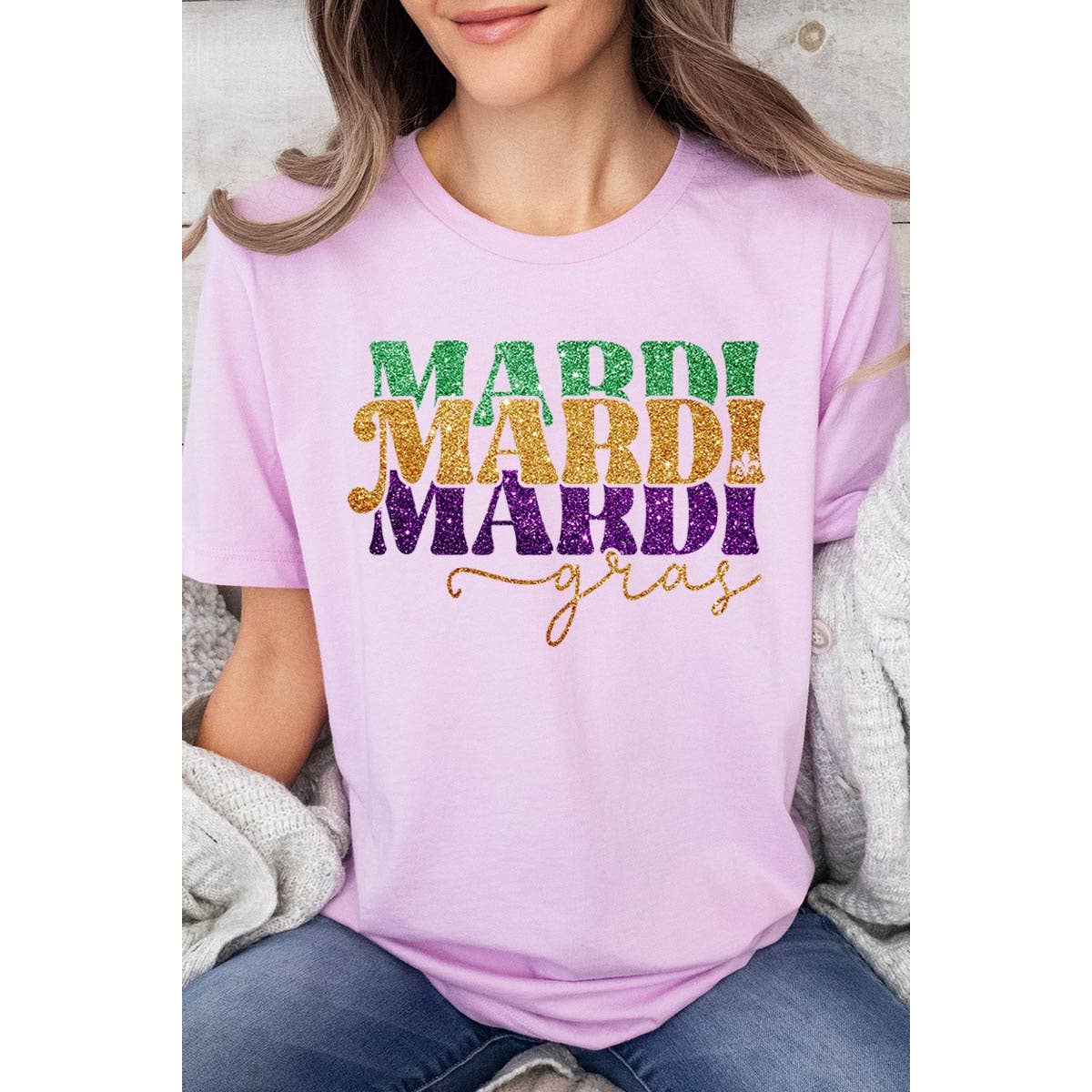 COLORBEAR - Wholesale Screen Printed T-Shirt - Women's - MARDI GRAS,FAUX GLITTER UNISEX SHORT SLEEVE,GRAPHIC8