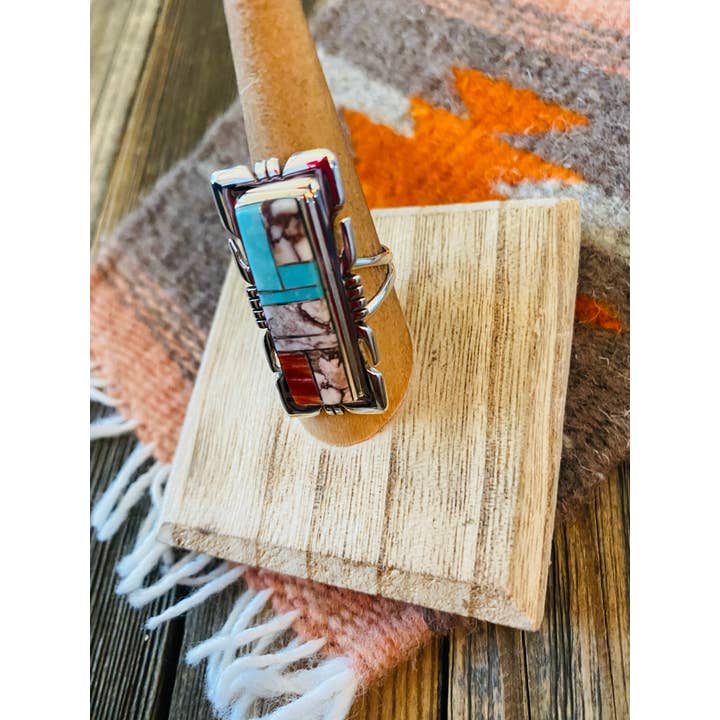 Nizhonitradersllc - Wholesale Cocktail/Statement Ring - Navajo Sterling Silver & Multi Stone Inlay Ring Size 7.75