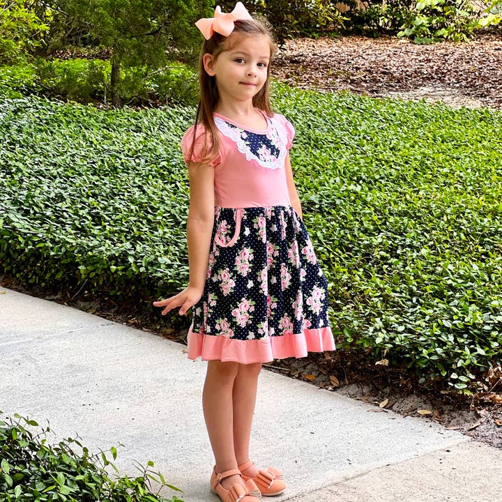AnnLoren - Wholesale Dress - Kids - Girls Pink & Blue Floral Eyelet Ruffles Short Sleeve Dress