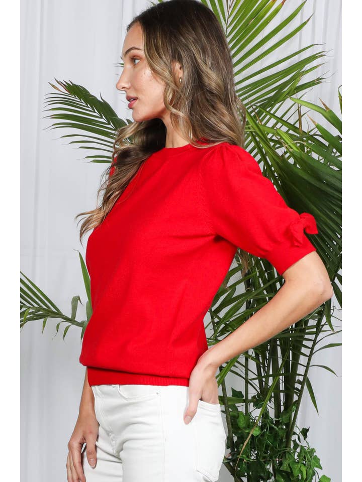 Vine & Love - Vente Haut en maille – femme - Haut en tricot à col rond avec manches bouffantes et nœud décoratif VT8267021