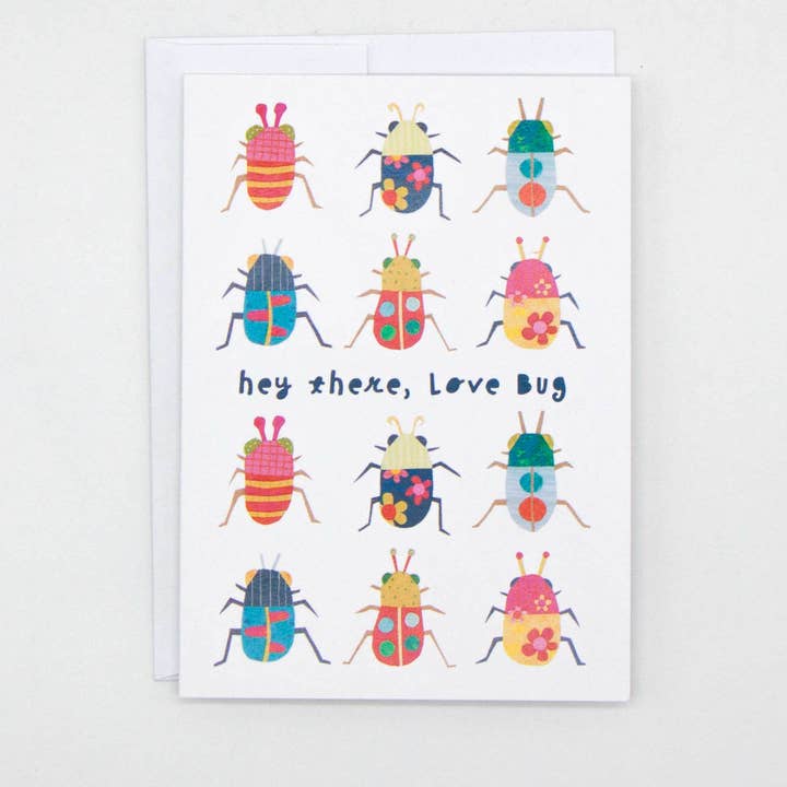 Hey There Love Bug Card – Cute, Playful, & Colorful Collage for wholesale by Kim Dettmer Art